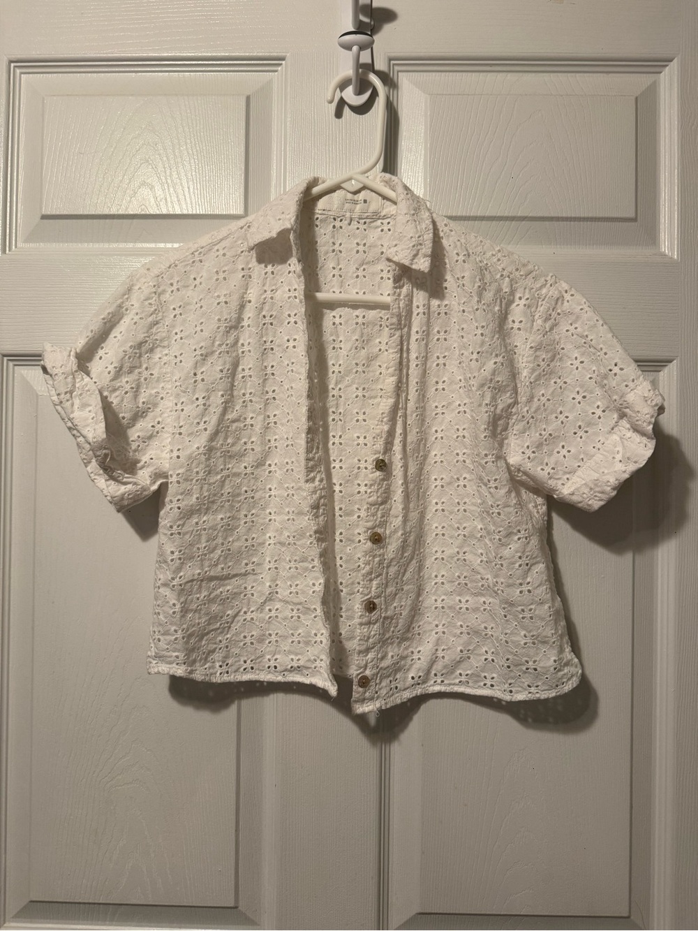 Zara White Eyelet Button-Up Crop Top